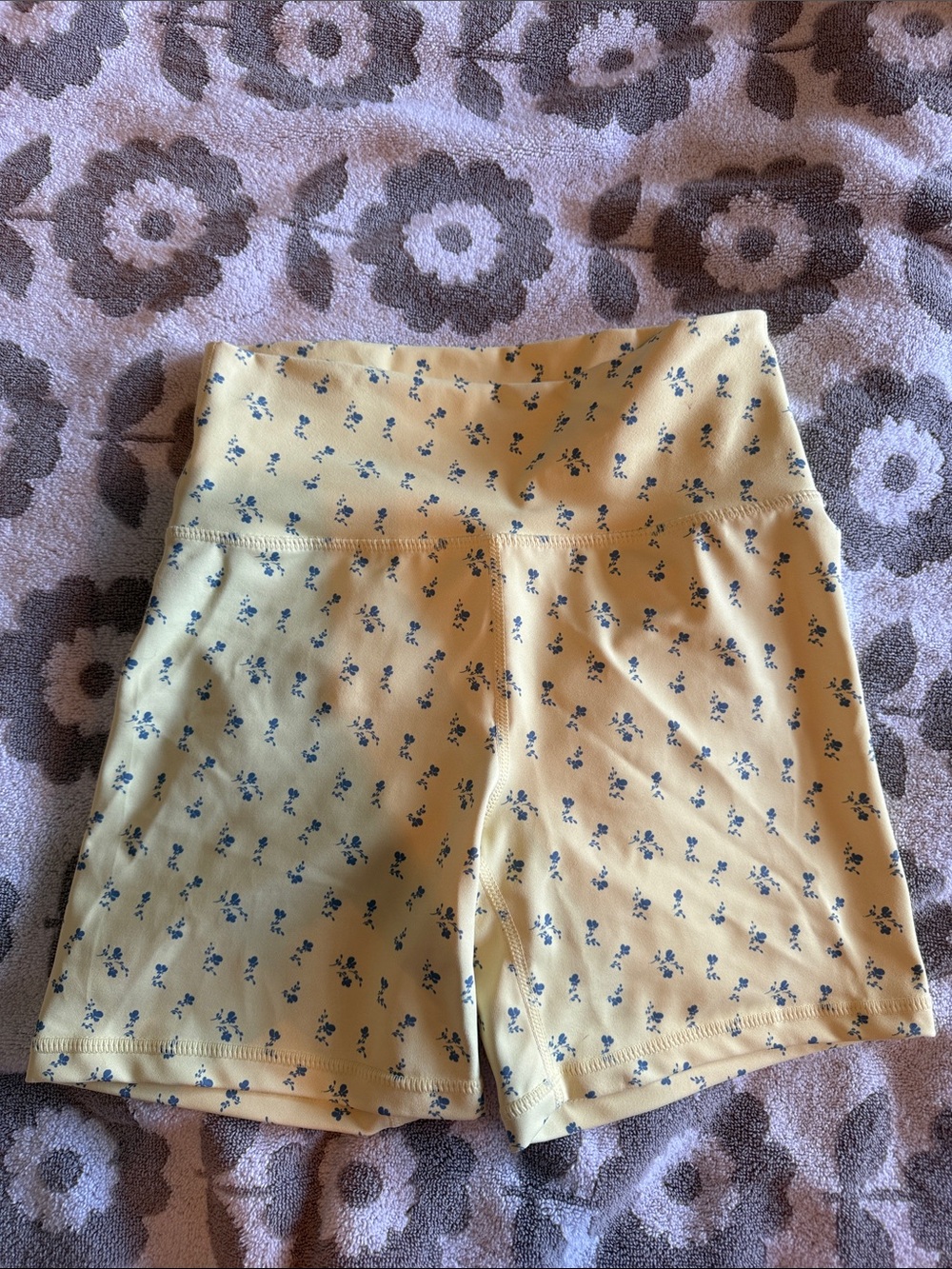 High-Rise Yellow Floral Bike Shorts for Women — Small Blue Print